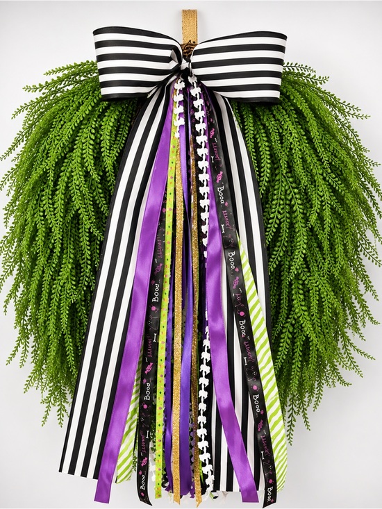 Other - Striped Black & White Bow Wreath Accent with Purple and Green Ribbon Tails